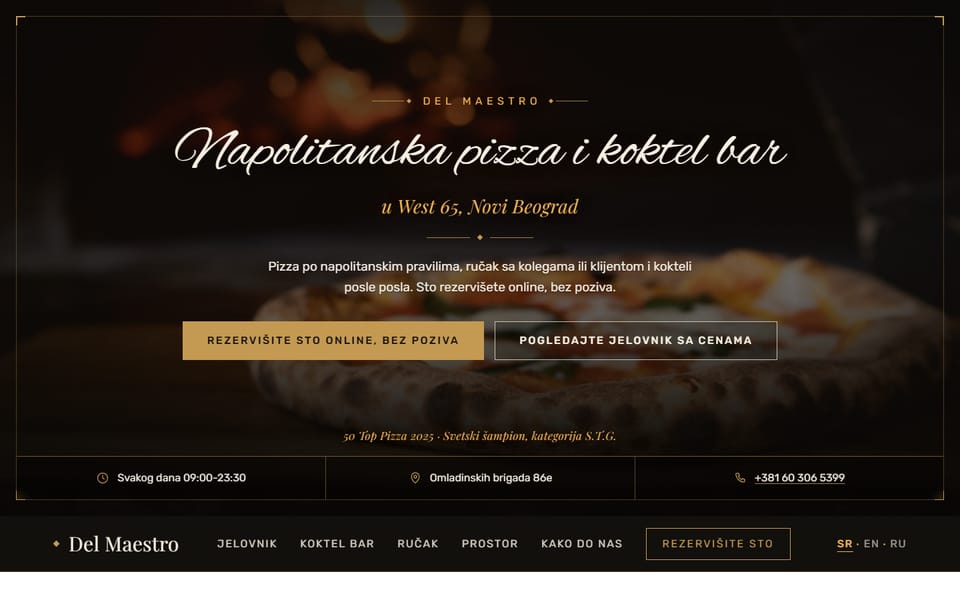 Prvi ekran predloga C: tamna fotografija pizze ispred peći u tankom zlatnom okviru sa ukrasima u uglovima i naslov ispisan rukopisnim slovima